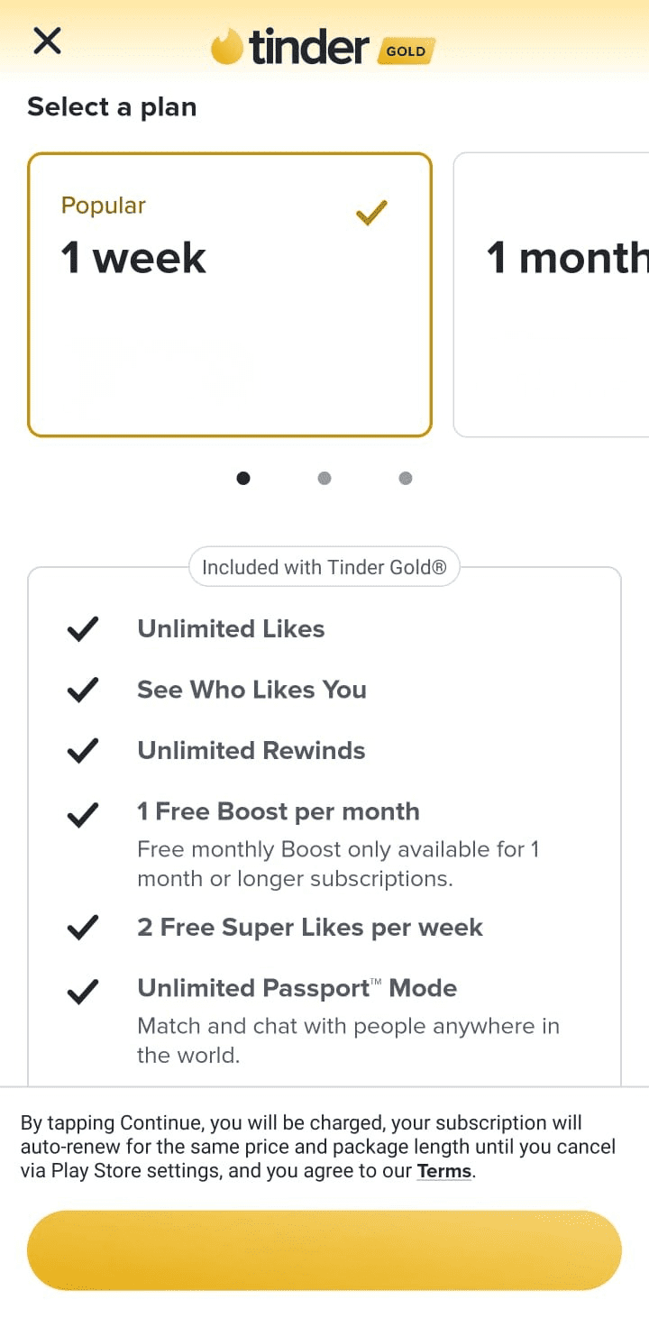 Tinder subscription selection screen showing the 