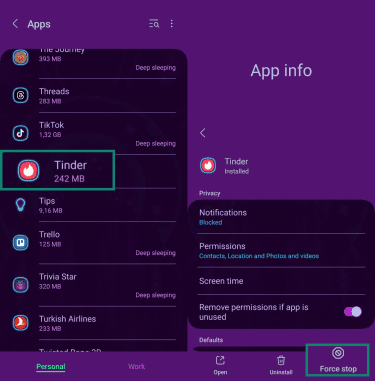 Two Android screenshots side by side. One with a list of installed Android applications with the "Tinder" app entry highlighted. The other is the Android "App info" screen for Tinder with the "Force stop" button in the bottom right corner highlighted.