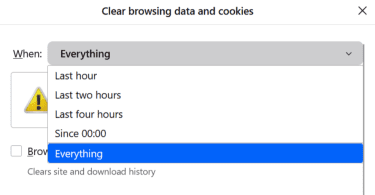 Firefox Clear browsing data and cookies settings with the Everything button highlighted.