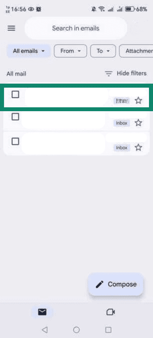 Gmail's Android app with an email highlighted