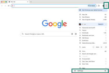 Chrome version for macOS with the main menu open.