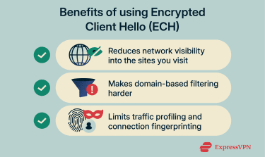An infographic summarizing what ECH helps with and what it doesn’t hide.