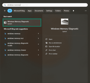 The Windows 11 Start menu. "Windows memory" is typed into the search bar, and the Windows Memory Diagnostic app is highlighted.