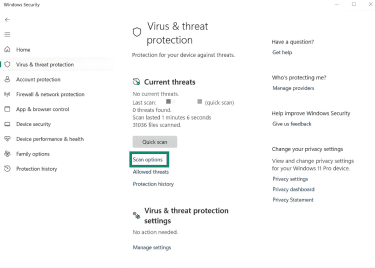 The "Virus & threat protection" window on the Windows Security app on Windows 11. The "Scan options" button is highlighted.
