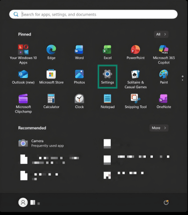 The Windows 11 "Start" menu. The Settings icon is highlighted.