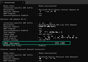Command Prompt output on Windows for the command "ipconfig/all", highlighting the "DNS servers" line.