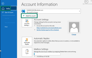 "Info" and "Add account" options highlighted in Outlook Classic.