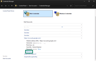 Windows Credential Manager showing account details with Remove highlighted