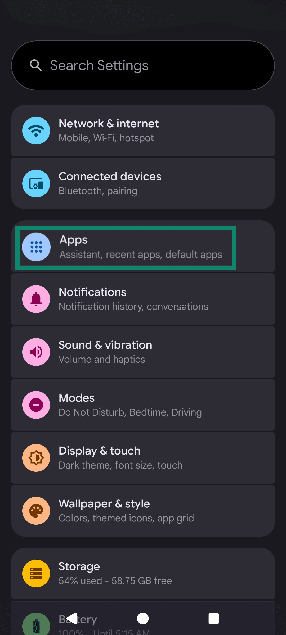 The Android Settings menu, highlighting the Apps option.