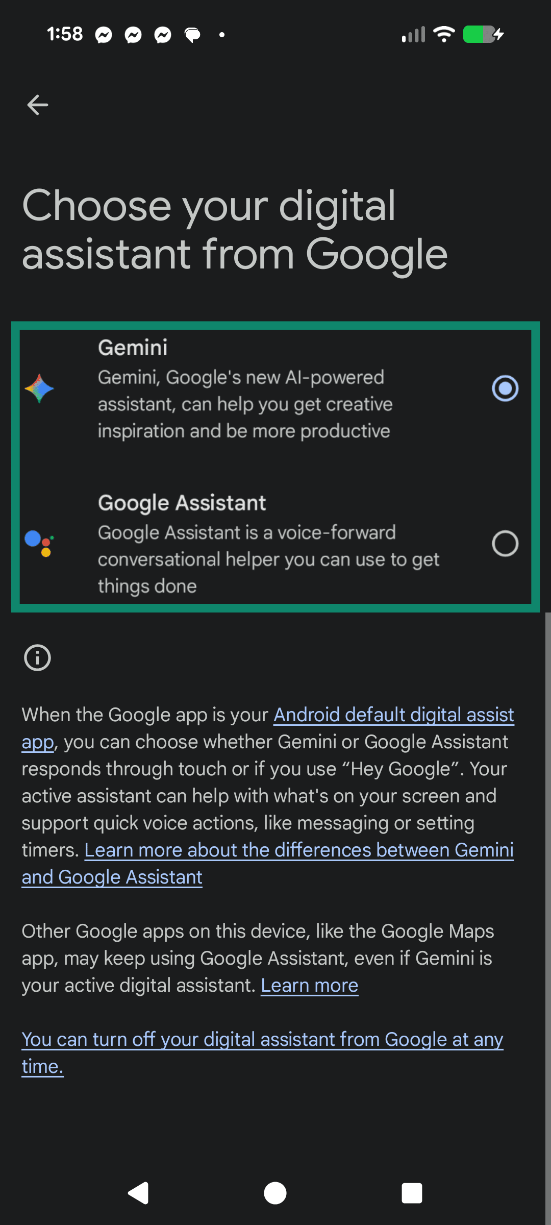 Google's digital assistance menu, highlighting the assistance options.