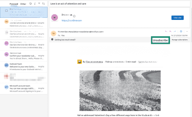Outlook email showing the built in Unsubscribe button at the top of a newsletter message.