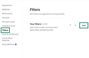 Yahoo Mail Filters page with Add button visible.
