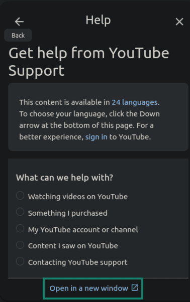 "Open in a new window" button highlighted in the YouTube Help section.