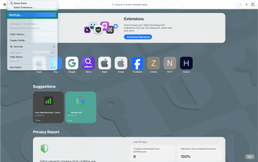 Safari menu with Settings option selected