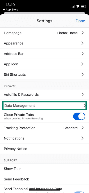 The Firefox iOS menu, highlighting the Data Management option.