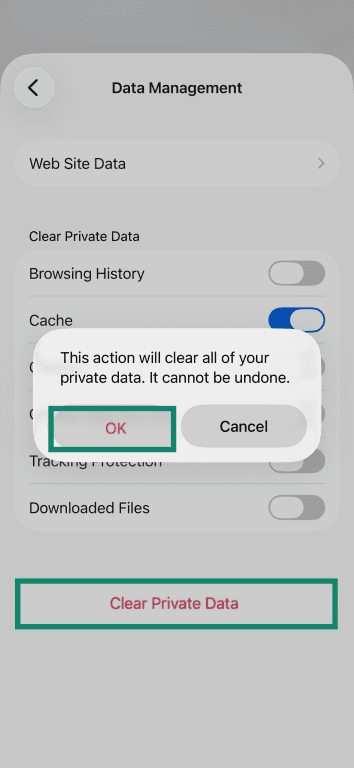 The confirmation menu for deleting the Firefox cache on iOS.