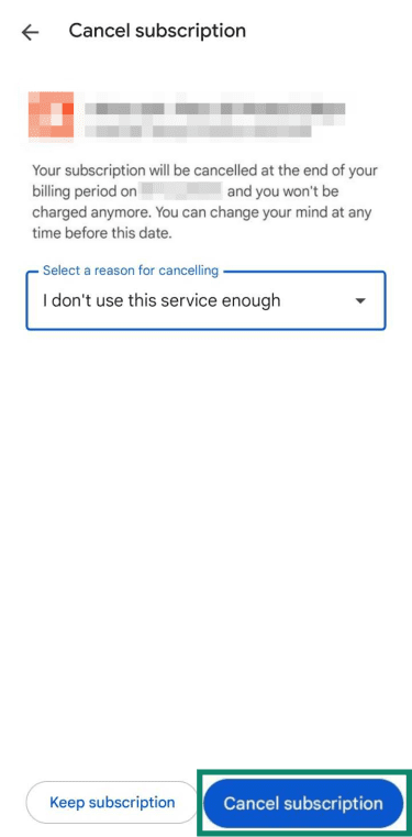 Reason for canceling eHarmony subscription and "Cancel subscription" button highlighted on Google Play.