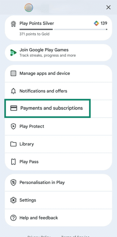 "Subscriptions" option highlighted in the "Payment & subscriptions" page on Android.