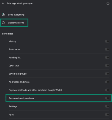 How to toggle Passwords and passkeys on and off in Chrome.