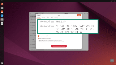 A detailed view of the IPv4 and IPv6 addresses within the Ubuntu Wired network settings.