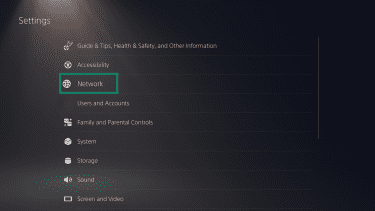 The PS5 Settings menu, directing viewers to the Network tab.