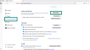 Firefox on Windows showing Privacy and Security settings with Clear Data for cookies and site data highlighted