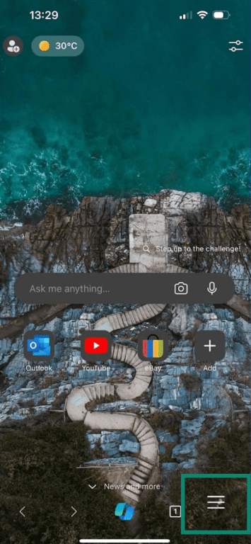 Edge open on Android with three-line menu highlighted