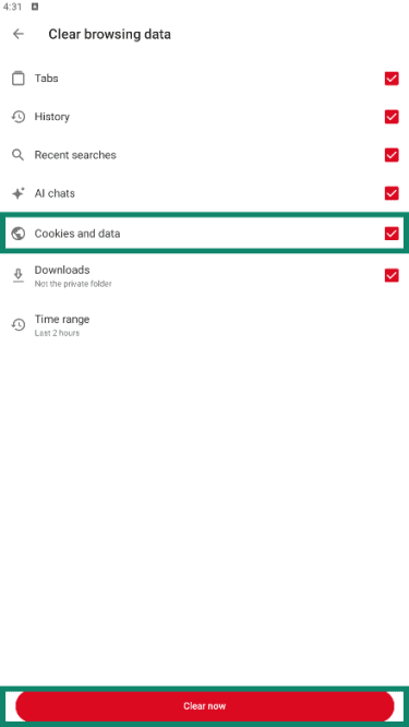 Opera Android Clear browsing data options open with Cookies and data highlighted