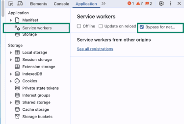 The "Service workers" tab in Developer Tools in Chrome, highlighting the "Bypass for network" option.