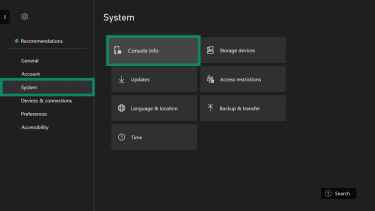 Xbox Settings menu with System selected and the Console info option highlighted.