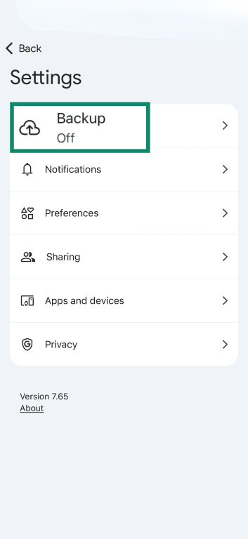 The Google Photos iOS Settings menu, emphasizing the Backup option at the top.