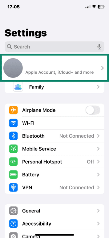 iOS Settings with Apple ID highlighted