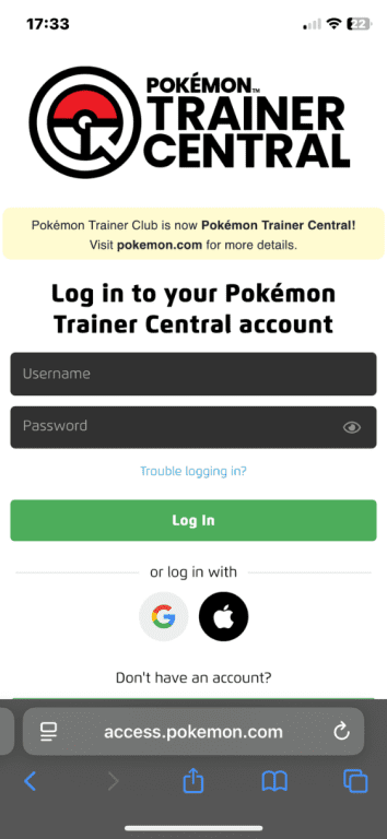 Pokémon Trainer Central account login page open in Safari on iOS