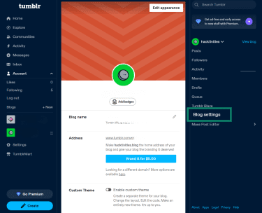 How to access Tumblr blog settings on desktop