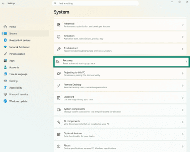 The System page of the Windows Settings app, showing the Recovery button.