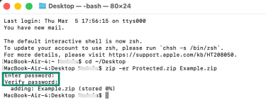 Entering and verifying the password in the MacBook Terminal.