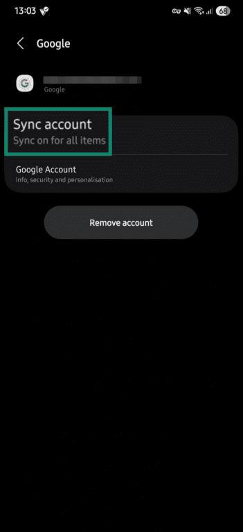 "Sync account" option highlighted in the Google account settings on Android.