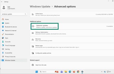 How to locate optional updates in Windows 11.