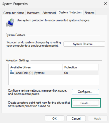 Creating a new system restore point on Windows.