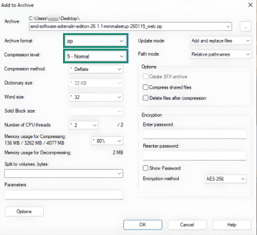 Choosing compression level for zip files.