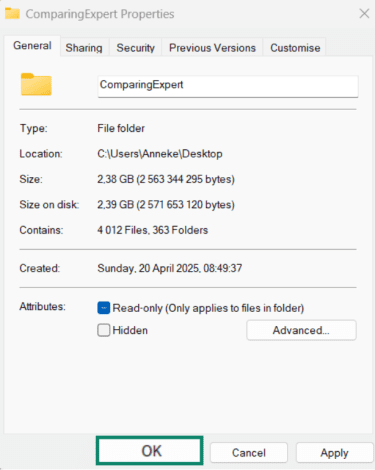 The OK button within the General settings on Windows.
