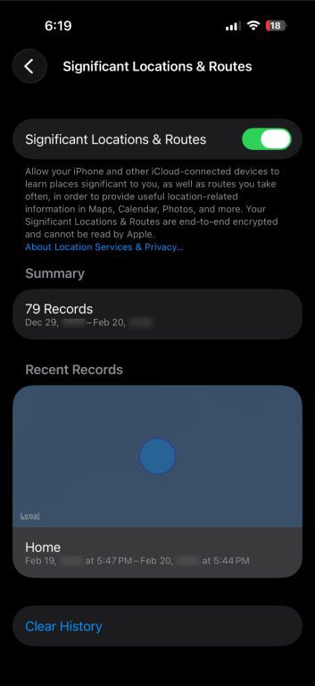 Significant Locations & Routes screen with history summary.