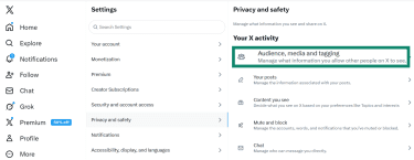 The X privacy and safety section menu is open and Audience, Media, and tagging is highlighted.