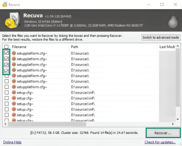 Recovering files after an SD scan.