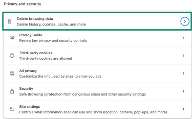 Chrome Delete browsing data option in Privacy and security.