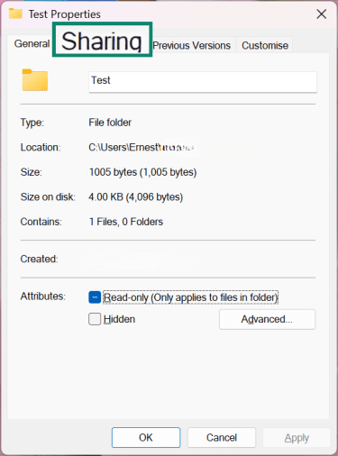 File properties window showing how to access the Sharing tab.