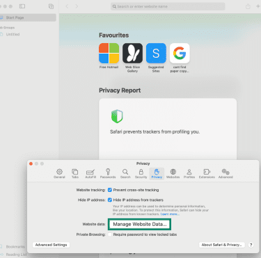 Safari browser manage website data settings.