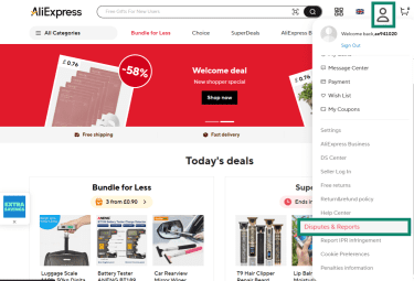 The AliExpress home page, showing the Disputes & Reports button.