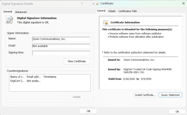 Digital Signature Details and Certificate windows showing a valid signature for Expressco Services LLC issued by DigiCert.