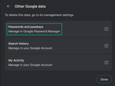 Selecting Passwords and passkeys when using Chrome's Delete browsing data tool.